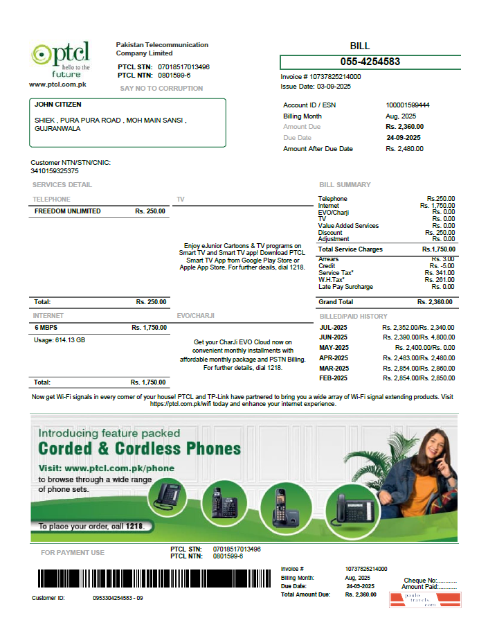 Pakistan PTCL utility bill template in Word and PDF formats